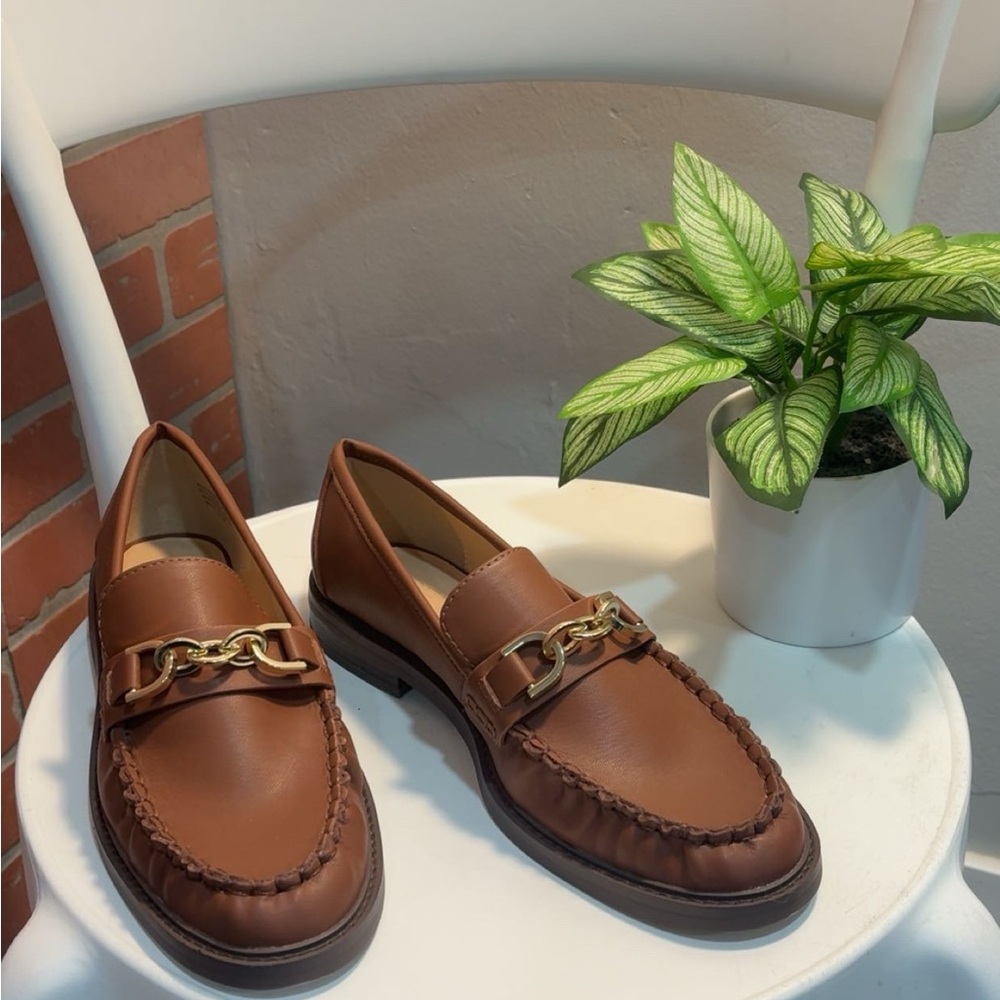 LOFT Brown Leather Chain-Trim Loafers